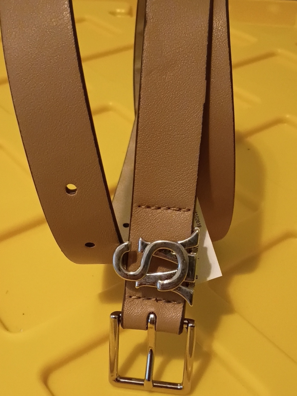 Leather Mens Belt with Silver Interlocking Buckle - Tan size 38